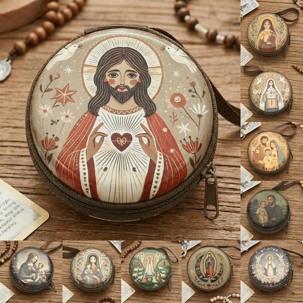 Virgin Mary Prayer Rosary Storage Bag Round Iron Artwork Religious Jewelry Box Cartoon Elegant Religious Articles Catholic Use