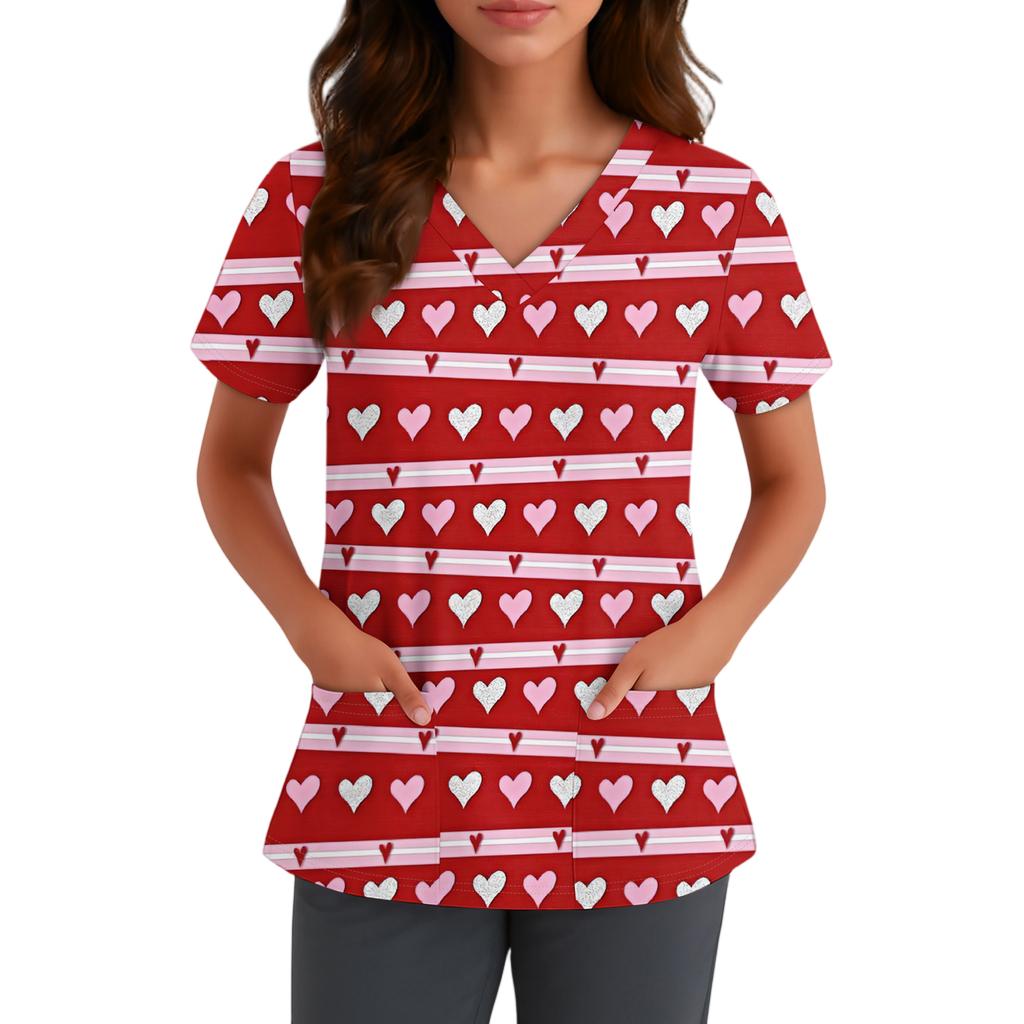 Damen Niedlich Schleife Bedruckt Arbeitskleidung V-Ausschnitt Doppellagig Taschen Basic Kurzarm Oberteil Pullover