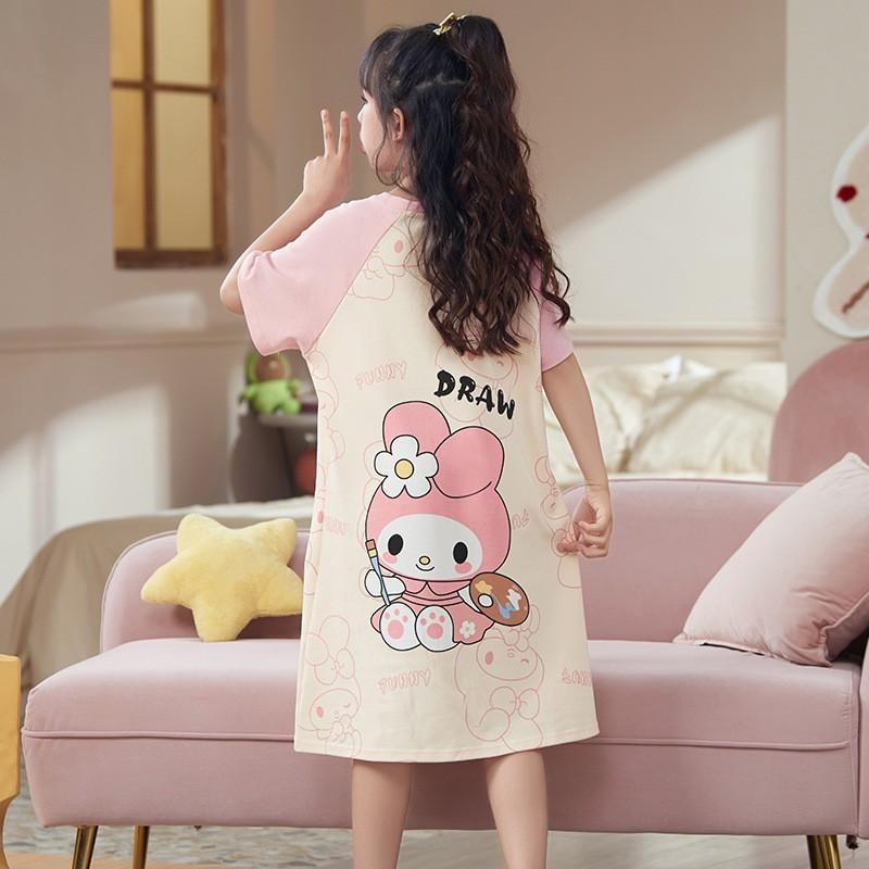 2026 Girls Cotton Nightdress Short Sleeve Pajama Dress Kids Ages 8-14 Soft Breathable Sleepwear