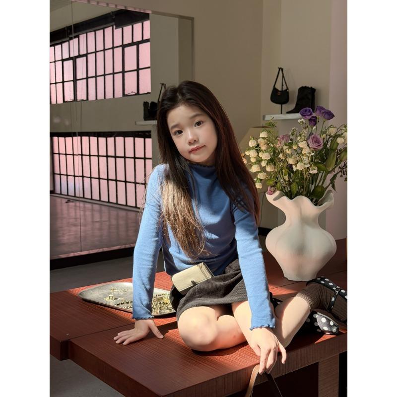 Kids Girls Long Sleeve Solid Ruffle Collar Casual Inner Base Layer Top