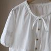2025 Summer Korean Round Neck Tie-Up Embroidered Cutout Short Sleeve Women's Top