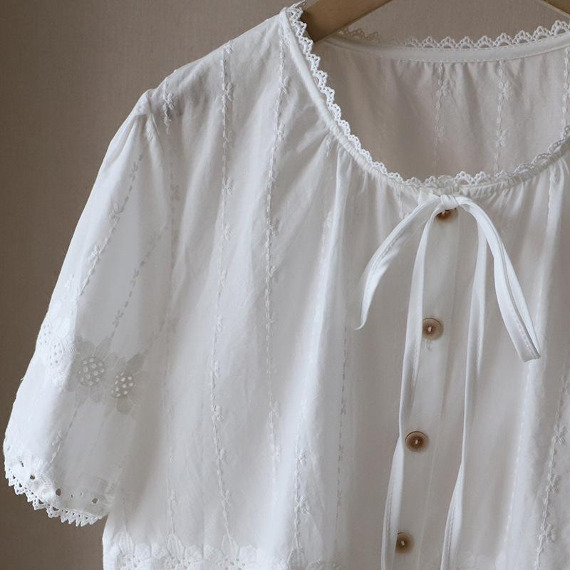 2025 Summer Korean Round Neck Tie-Up Embroidered Cutout Short Sleeve Women's Top