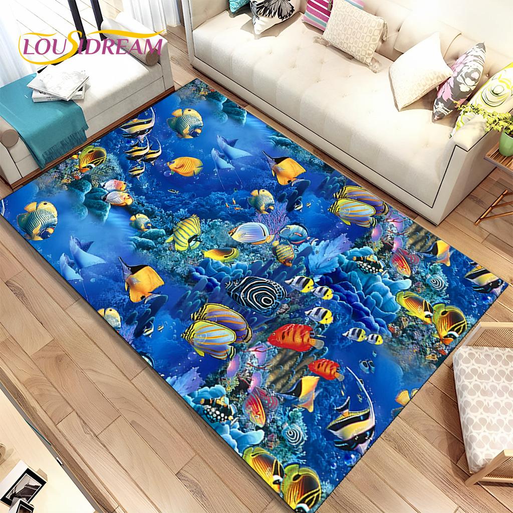 3D-Teppich mit Meeresboden, Unterwasserwelt, Delfin- und Schildkrötenmotiv, Teppich für Wohnzimmer, Schlafzimmer, Sofa, Fußmatte, rutschfeste Bodenmatte für Kinder