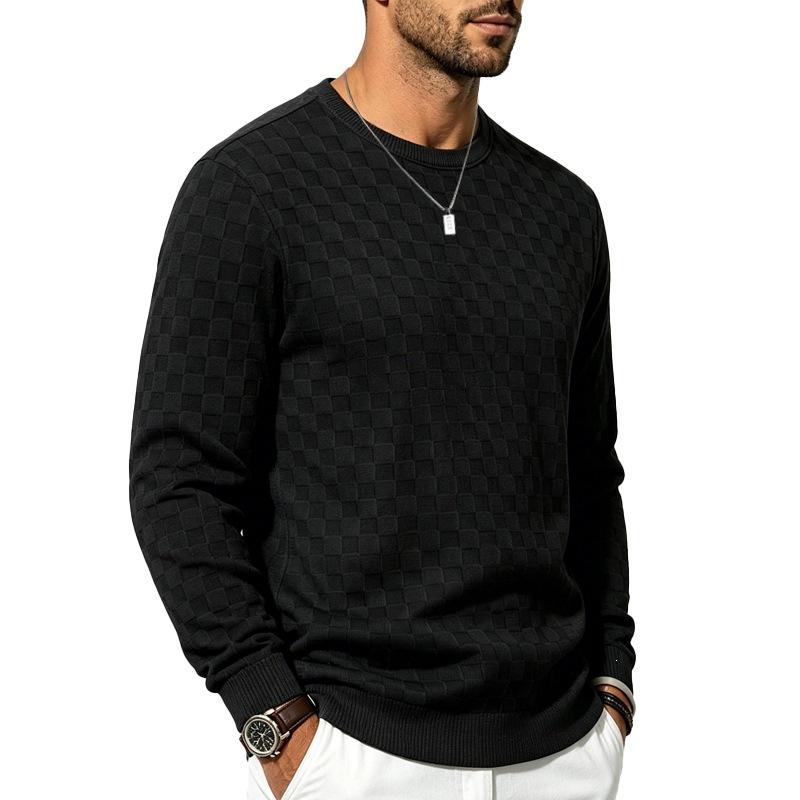 Men S Round Neck Long Sleeve Knitted Sweater Checkered Jacquard Casual Pullover