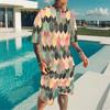 Herren Vintage Fliesenmosaik Patchwork Print Kurzarm T-Shirt und Passende Shorts Zweiteiliges Outfit