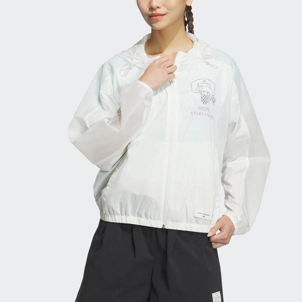 Adidas Graphic Woven Loose Cartoon Print Hooded Zip Jacket Women Outerwear Han-Jade-White JN6655
