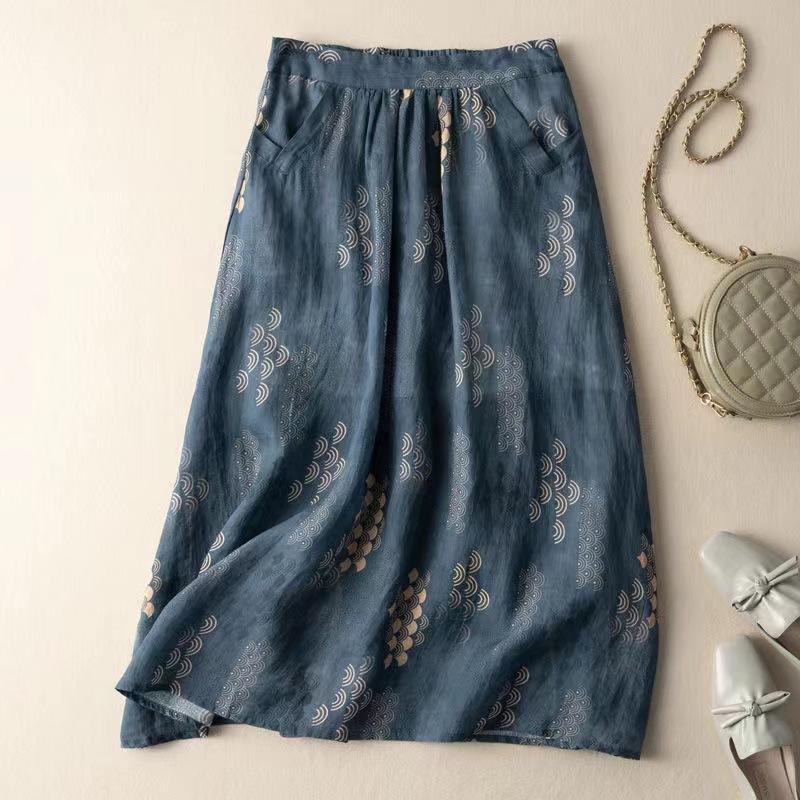 

Винтажная литературная ретро-юбка-полуюбка весна-лето мода с высокой талией драпированная цветочная M синий