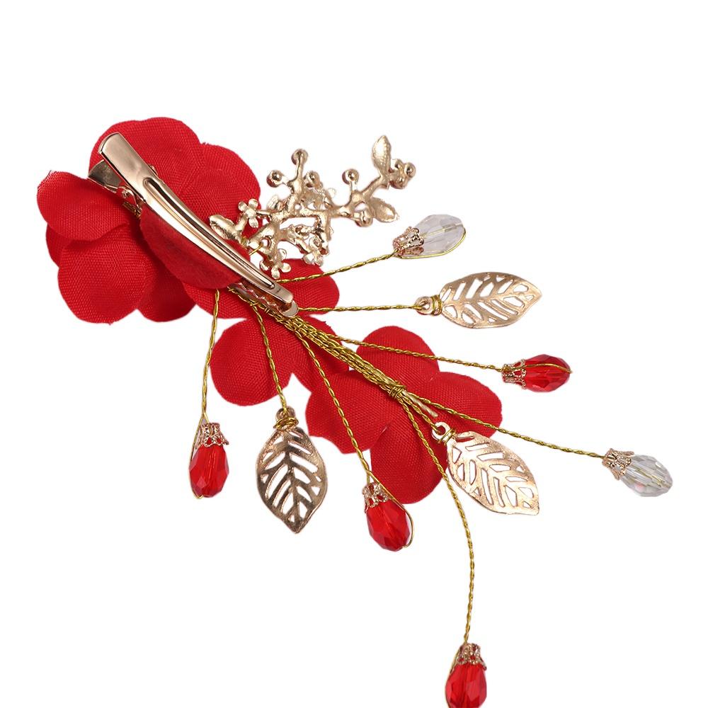 Bride Red Flower Pearl Chinese Hanfu Hair Clips Festival Hairpins Duckbill Clips Women Barrettes