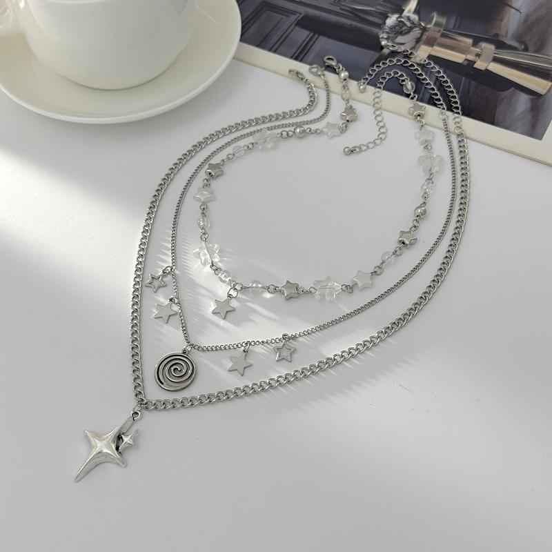 Punk Rock Silver Color Vortex Star Pendant Chain Layered Necklace For Women Men Charms Y2K Grunge Accessories Jewelry