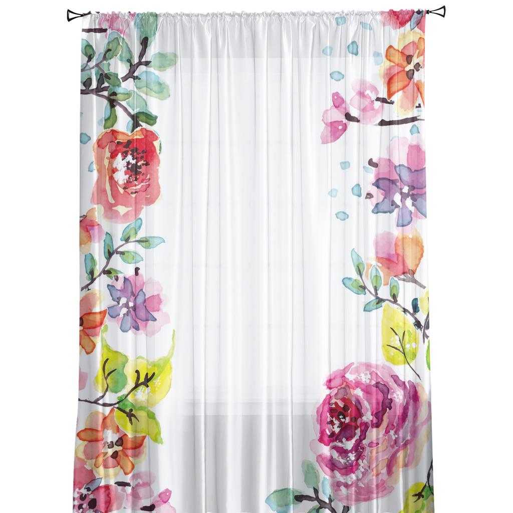 Blumen-Kunst-Aquarell-Rose-Tüll-Fenstervorhang für Wohnzimmer, moderner transparenter Vorhang für Schlafzimmer, Küche, Vorhänge individuell