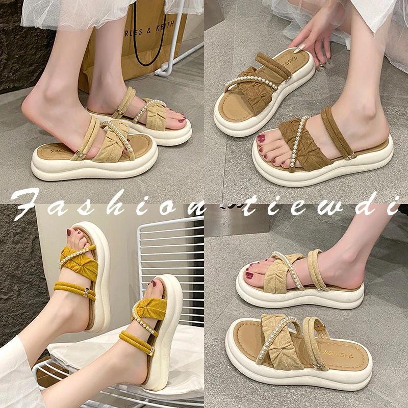 Fashion French Style Cross Pearl Platform Slides for Women New Pleated Thick Soled Sandals Woman Summer 2025 Non Slip Slippers Mujer