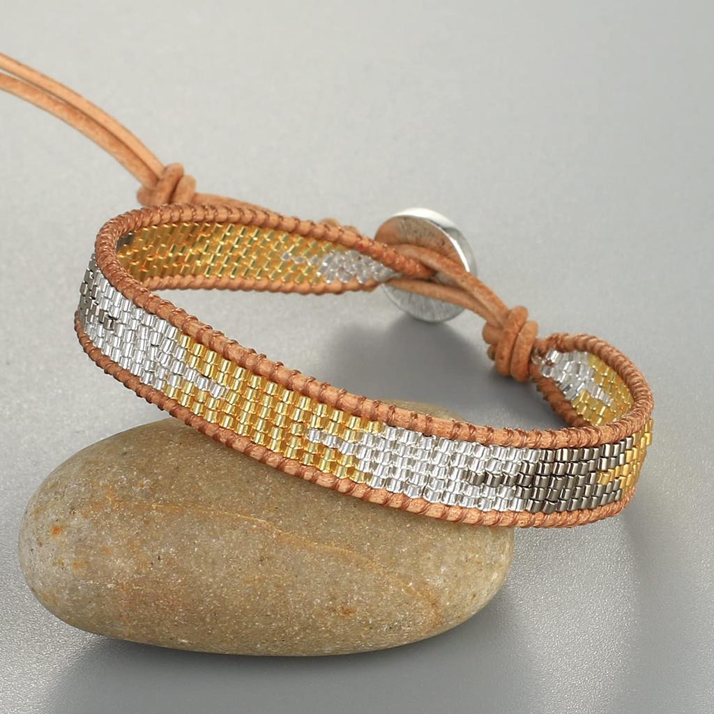 KELITCH Gorgeous Gold Mix Silver Bracelet Leather Handmade Beaded Cuff Bangle