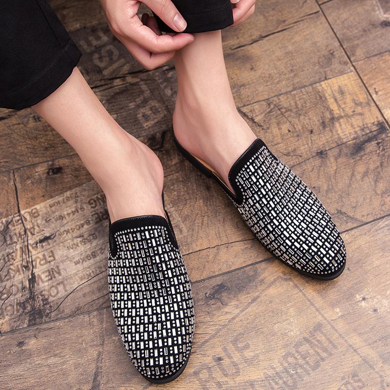 New Men's Charm Rhinestone Half Slippers Black Gold Shoes Male Casual Mules Moccasins Breathable Loafers Zapatos Hombre