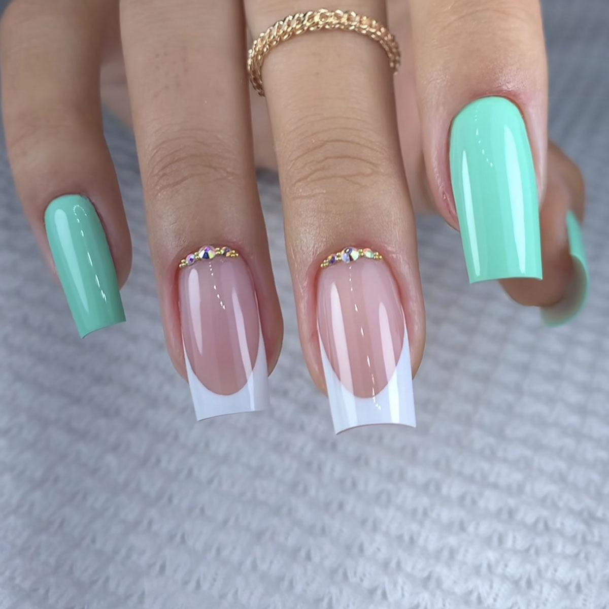 

European & American Cross-Border Square Wearable Nails: Fresh Mint Green Manicure Tips, French Style, 24-Piece Set, Removable. Crystal Coat Glue
