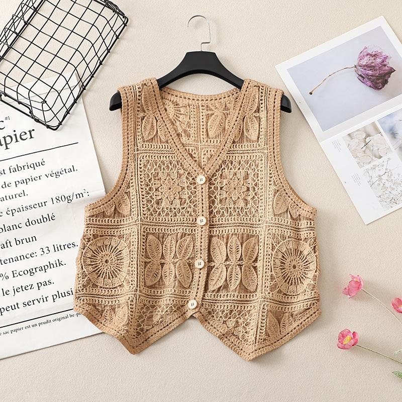 Real shot V-neck sleeveless hollowed-out knitted vest for women, spring new design crochet top trendy