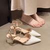 Rivet High Heels Hollow Medium Heel Comfortable Single Shoes Pointed One-word Buckle Willow Bag Head Sandals Women's Thick Heel