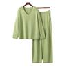 Women Spring Autumn Solid Color V Neck Ice Silk Pant Suits Relaxed High Waist Sweater Two Piece Set