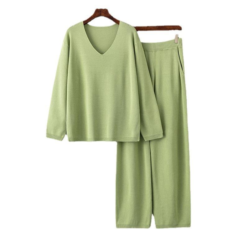 Women Spring Autumn Solid Color V Neck Ice Silk Pant Suits Relaxed High Waist Sweater Two Piece Set