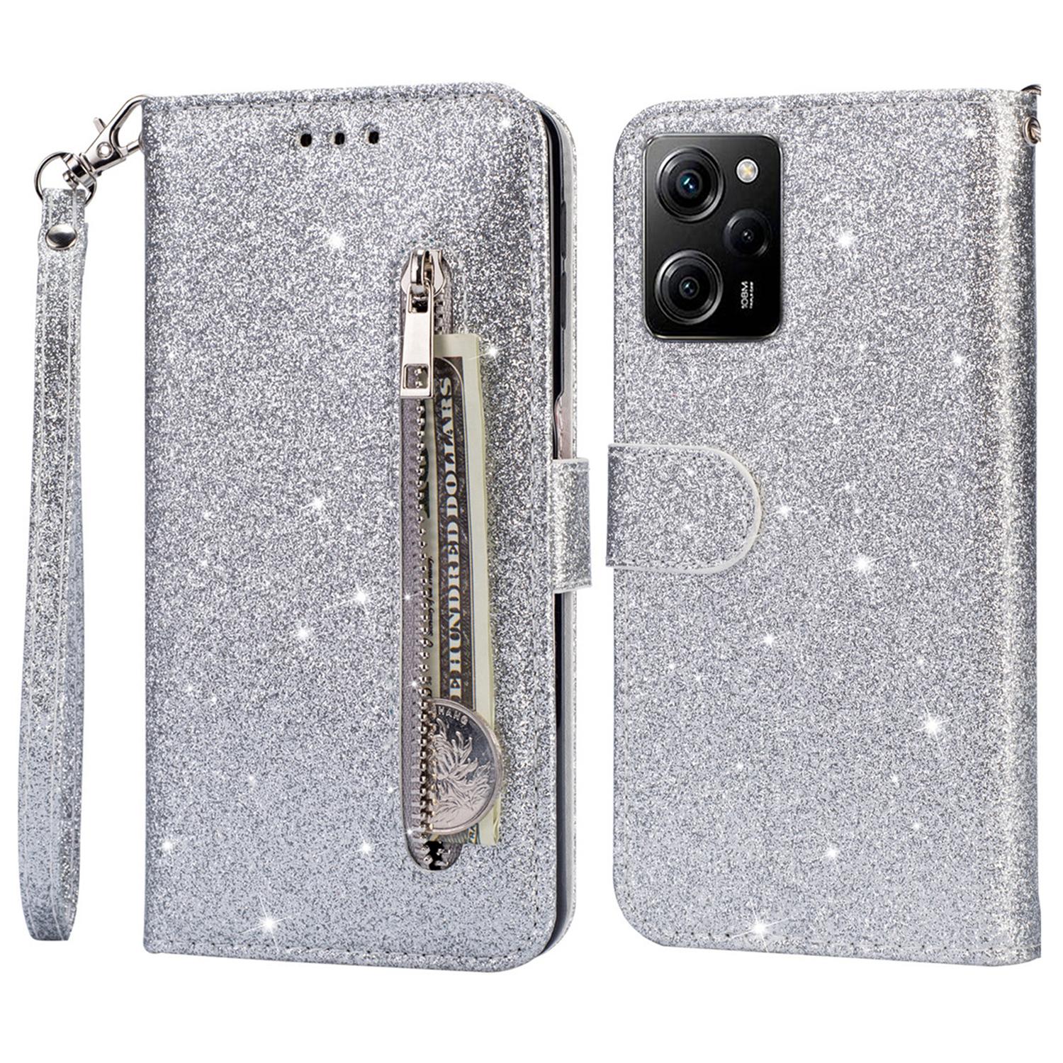 

Блестящий чехол для телефона из искусственной кожи с кошельком на молнии для Xiaomi Poco X5 Pro 5G/Redmi Note 12 Pro Speed 5G/Note 12 Pro 5G Silver