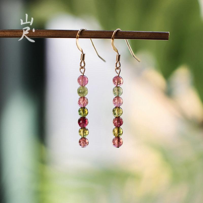 

Feng Shui Wealth-Attracting Natural Tourmaline Earrings, Crystal Gemstone High-End Tassel Earrings for Women, Colorful Beaded Ear Accessories with Embellished ear hooks