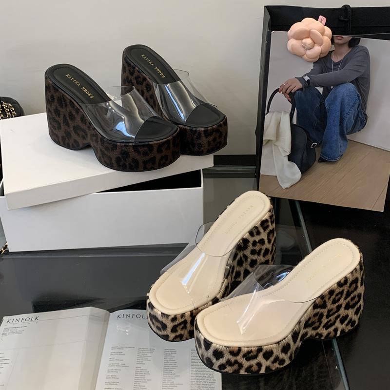 Transparent One-word Strap High Heels Women's Spring Fashion New Leopard Print Women's Shoes Open-toed Wear Wedge Heels Cool Slippers