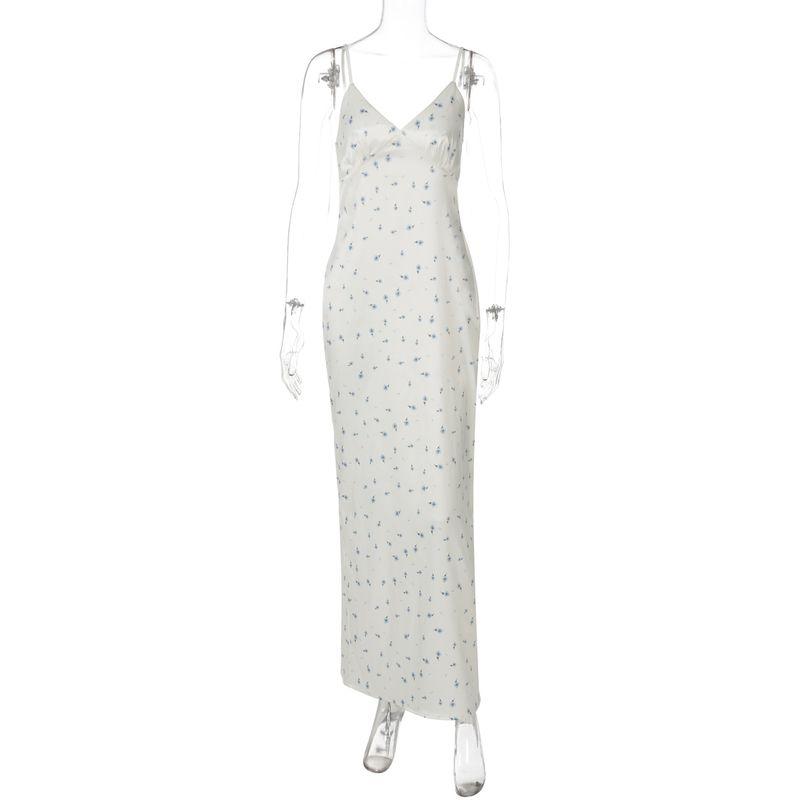 

Shemoda Adult Lady like Woman Wind Depth V-neck Floral Sling Dress Female Open Back Zipper Slit Slim-Fitting Elegant Long Dress Apricot color L