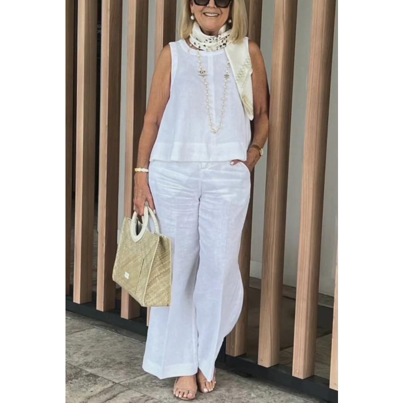 VEZFAA Pantalons décontractés à col rond pour femmes, couleur unie, imprimés, sans manches, à la mode, été, printemps