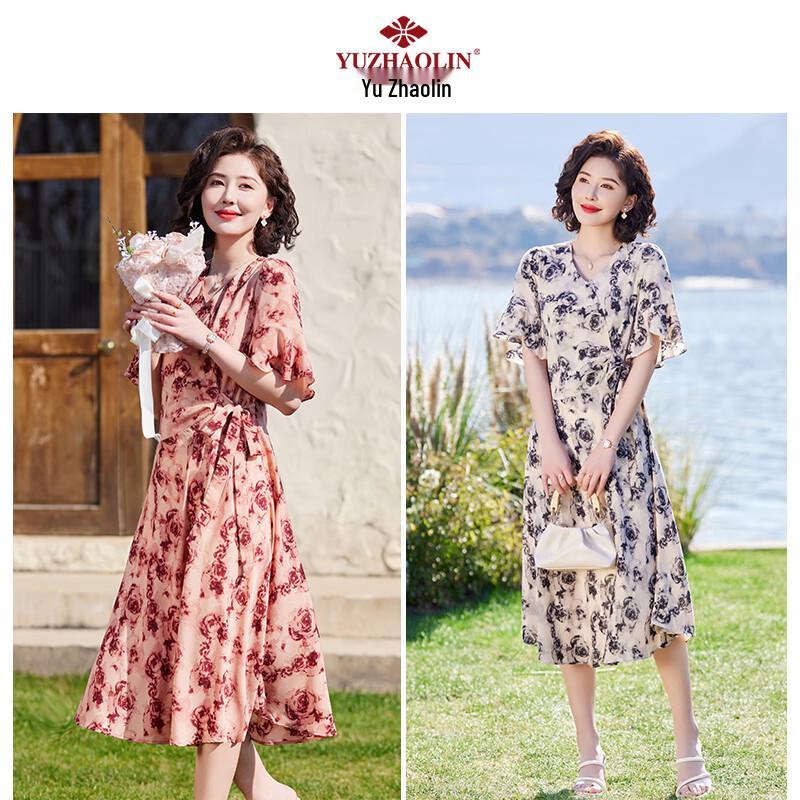 Yu Zhaolin Women's Short Sleeve Floral A-Line Dress