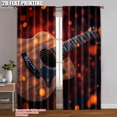 Set Of 2 Flat Printing Scene Curtains Wooden Guitar Bokeh Fabric Without Electricity Birthday Party Applies Polyester Curtain Made