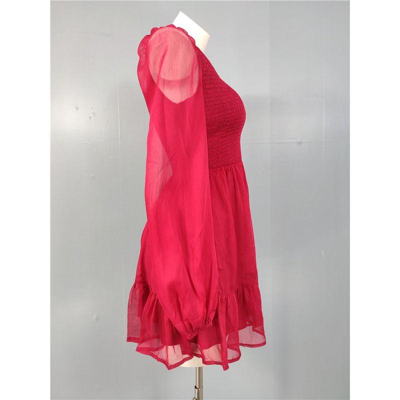 Export Single Lu Rose Red Fairy Light Plaid Elastic Stretch Chest-Flattering Dress Long Sleeve Big Hem Skirt