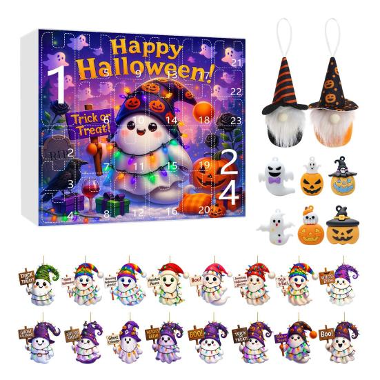 Halloween Advent Calendar 2025 24 Day Countdown Calendar with Acrylic Ghost/Gnome/Pumpkin Ornaments for Indoor Outdoor Home Party Decor