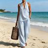 Women's Summer Striped Two Piece Set Sleeveless Halter Neck Top And Long Pants Matching Sets Casual Travel Vacation Outfits