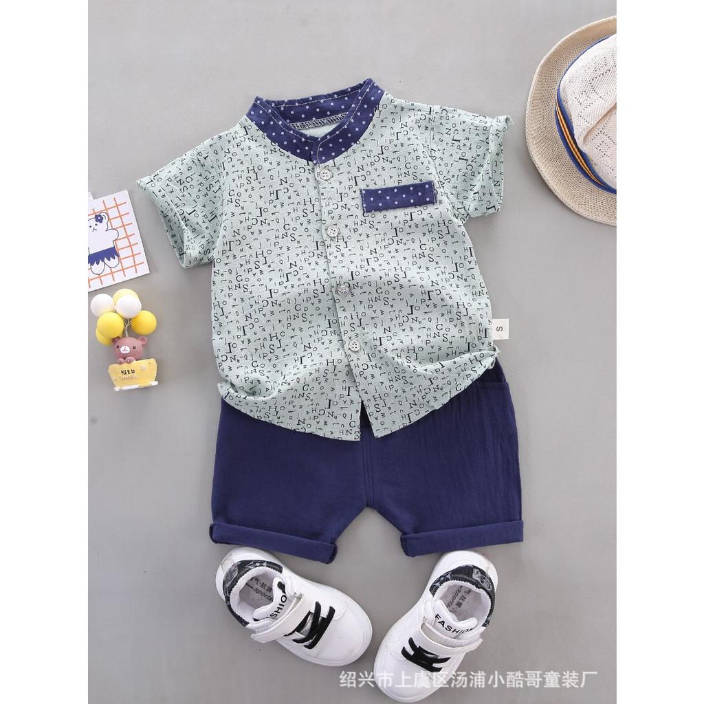 Summer Printed Pyramid Shirt Short Sleeved Shorts Set for Male and Female Infants and Young Children