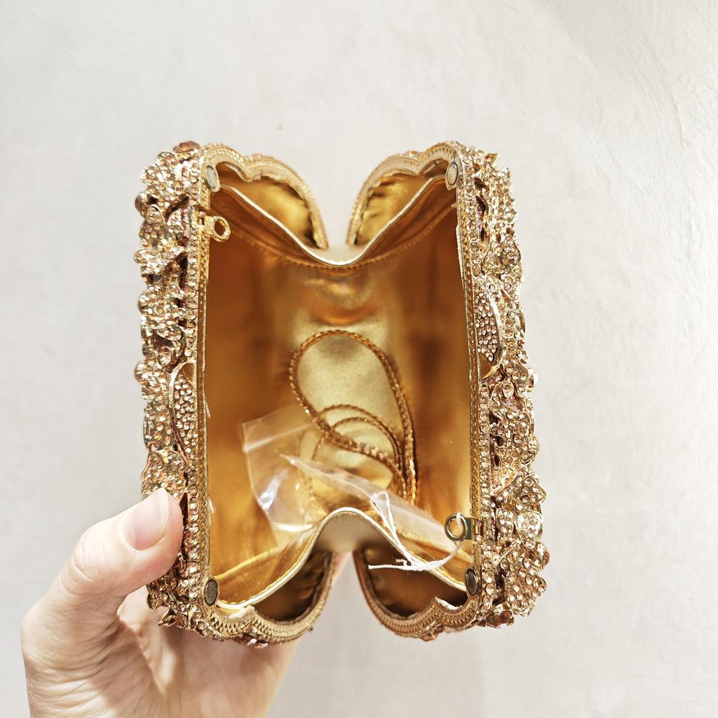 Borsa da Sera Fiore di Champagne Diamante Metallo Duro Donna Cristallo Matrimonio Prom Pochette Strass Sposa Cena Borsette Borse da Donna