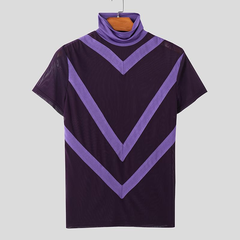 

INCERUN Летние мужские футболки с высоким воротом и коротким рукавом, сетчатые прозрачные футболки 3XL фиолетовый