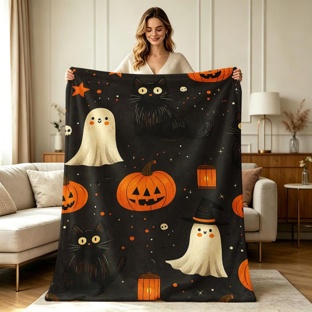 Soft Warm Flannel Halloween Printed Blanket for Sofa Bed Office All Season Cozy Throw Blanket for Halloween Home Decor