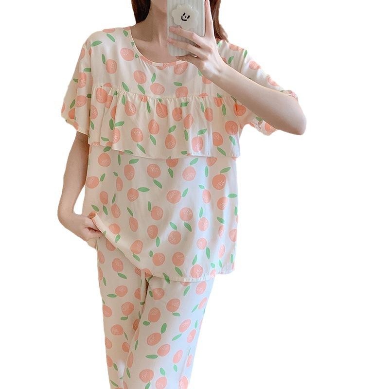 New cotton and silk pajamas women's summer thin short-sleeved cartoon printing set Korean version of large size casual and comfortable loungewear