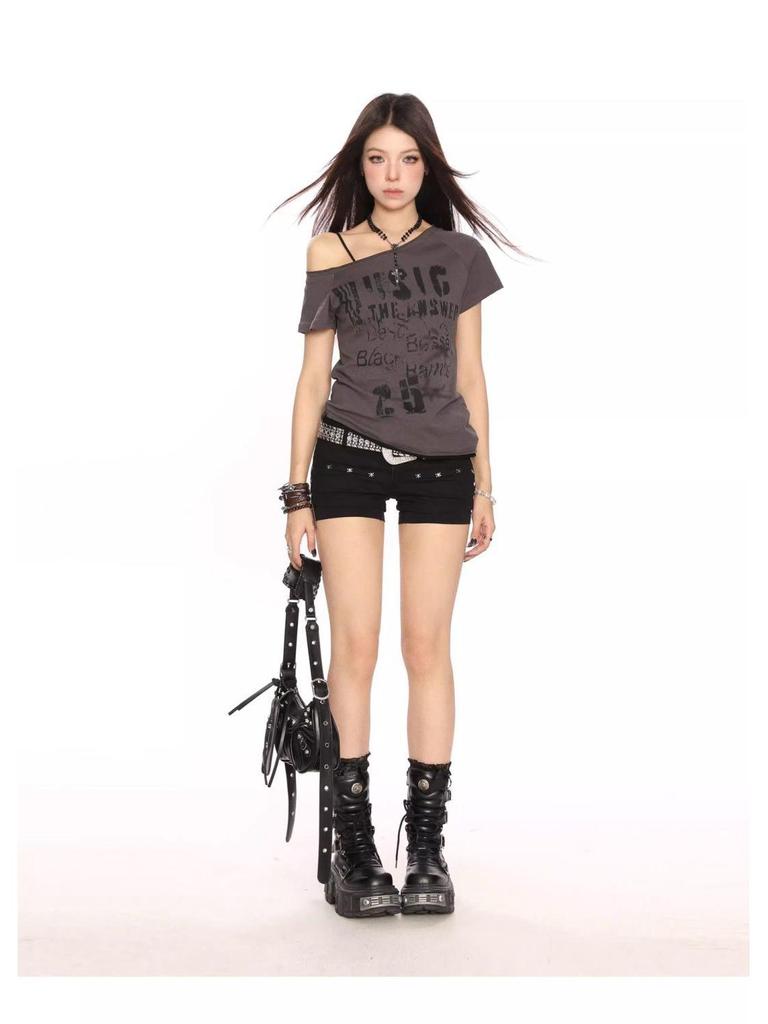 Sweet & Spicy Y2K One-Shoulder Cold-Shoulder Women's Summer Print Slimming T-Shirt