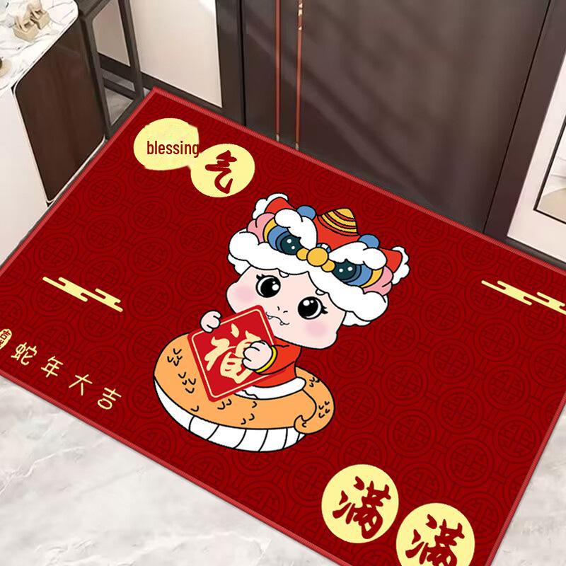 Year of the Snake Red Non-Slip Entrance Mat: Festive, Dirt-Resistant, Wear-Resistant Carpet for Home Porch.