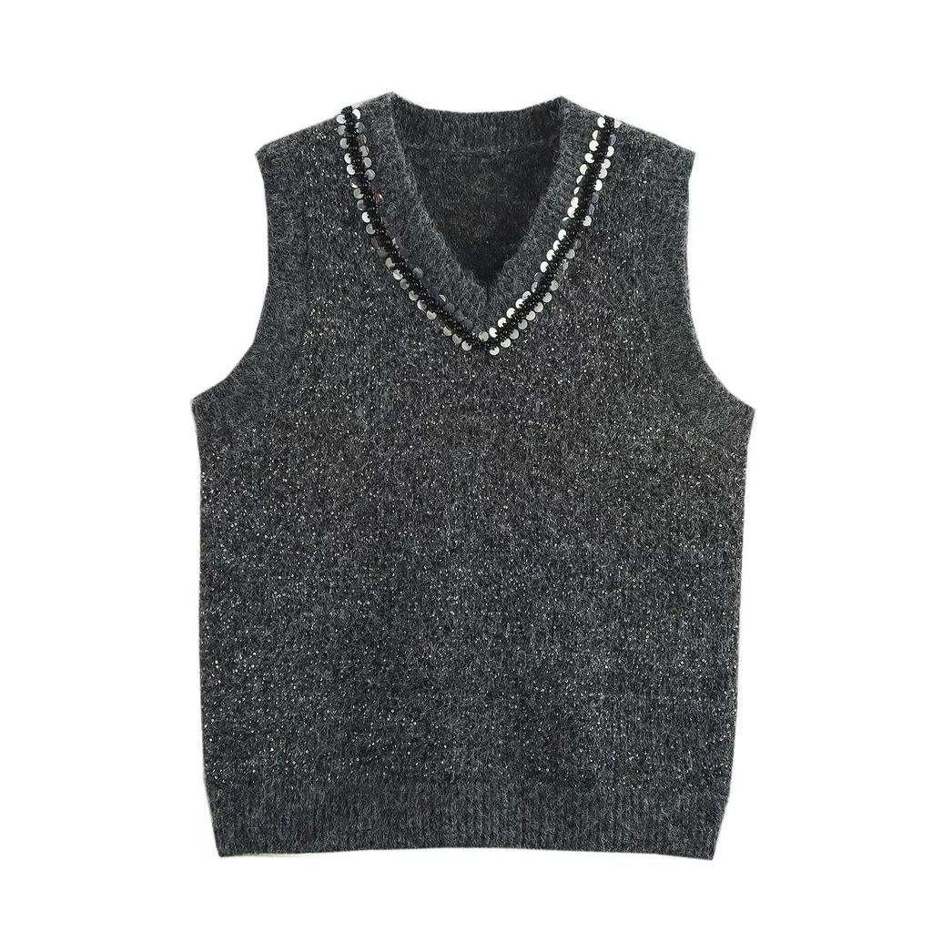 2025 Spring Women's V-neck Knit Vest with Sequin Beads