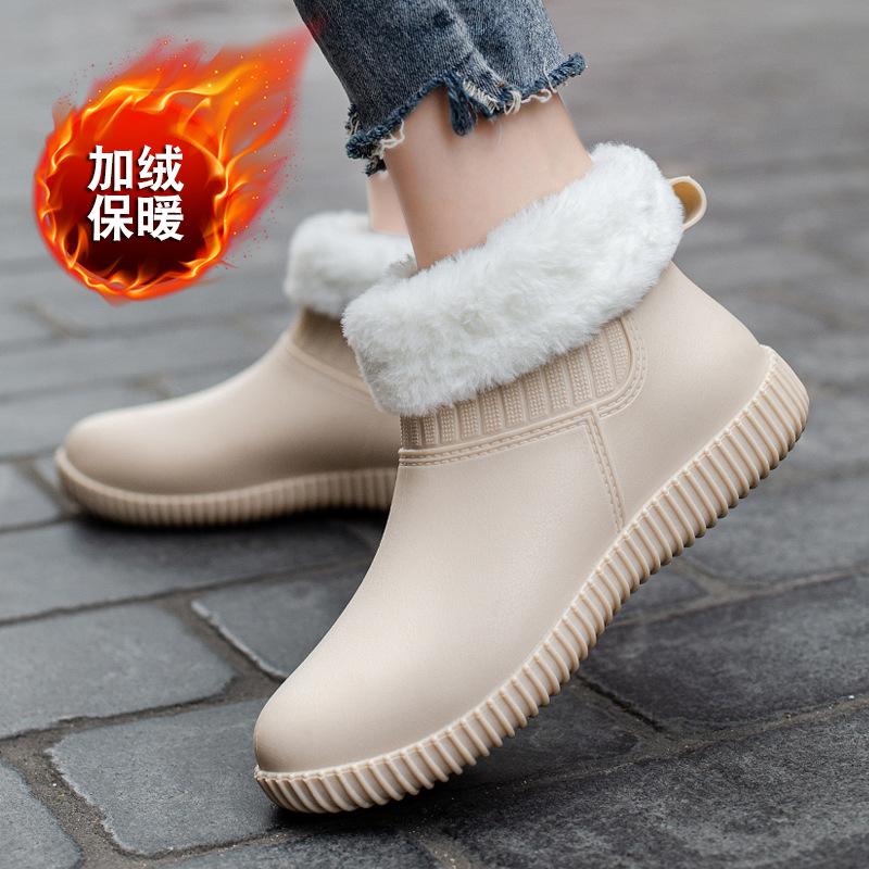 Rain Shoes Women's Low-top Waterproof Shoes Fleece Integrated Molding Non-slip Sole Work Rubber Shoes Fashion Overshoes Versatile
