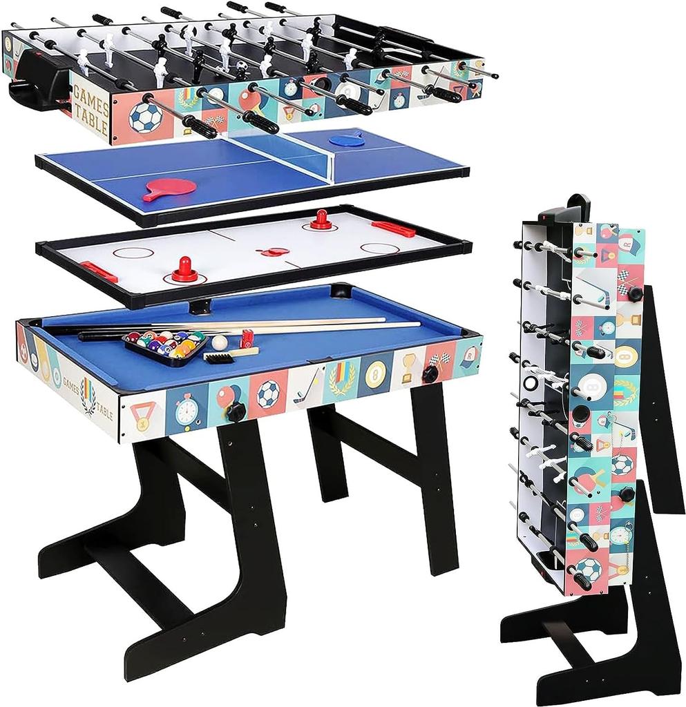 4-in-1 Multi-Purpose Game Table Set for Kids, Includes Pool Table, Ping-Pong Table, Soccer Table, and Slide Hockey Table, Perfect for Parent-Child