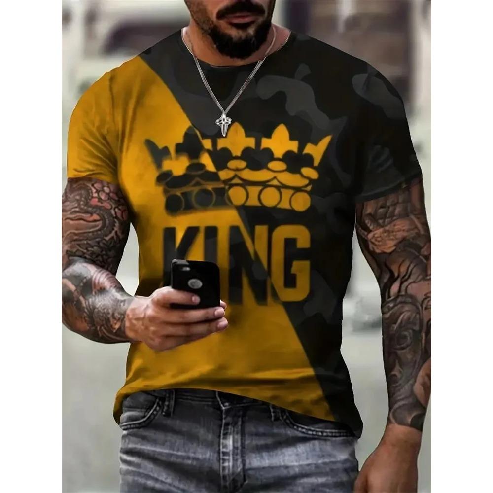 Spring and Autumn Round Neck 3D King Pattern Color Block Printed Top Fashionable Casual Long Sleeved Men's T-shirts