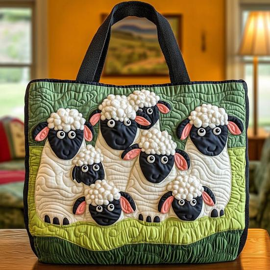 Quilted Tote Bag Cute Sheep Pattern Tote Women Retro Purse Machine Washable Handbag for Daily Errands Commuting Grocery Shopping