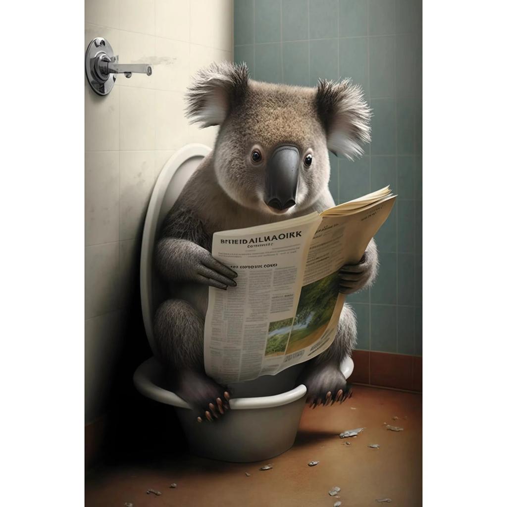Funny Bathroom Humorous Animal Wall Canvas Paintings Decor Bear Dog Tiger Sitting On Toilet Reading Newspaper Poster Art Print
