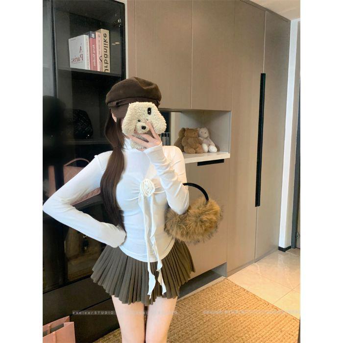 

3D Floral High Neck Long Sleeve Women s Pullover Top - Autumn/Winter 2025, Pure Desire Style, Hot Girl Base Layer Medium белый