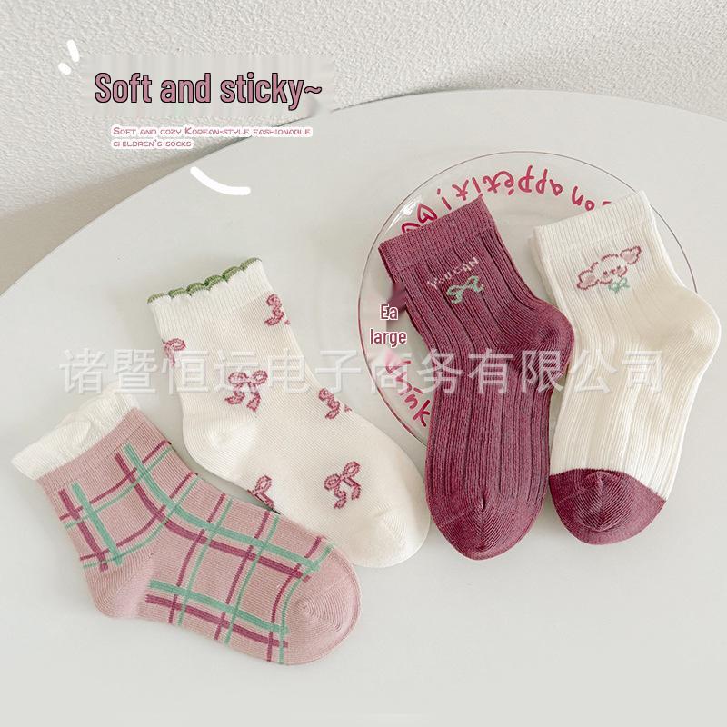 2025ins Japanese Plaid & Flower Style Children s Socks - 4 Pack 1-3 years old S
