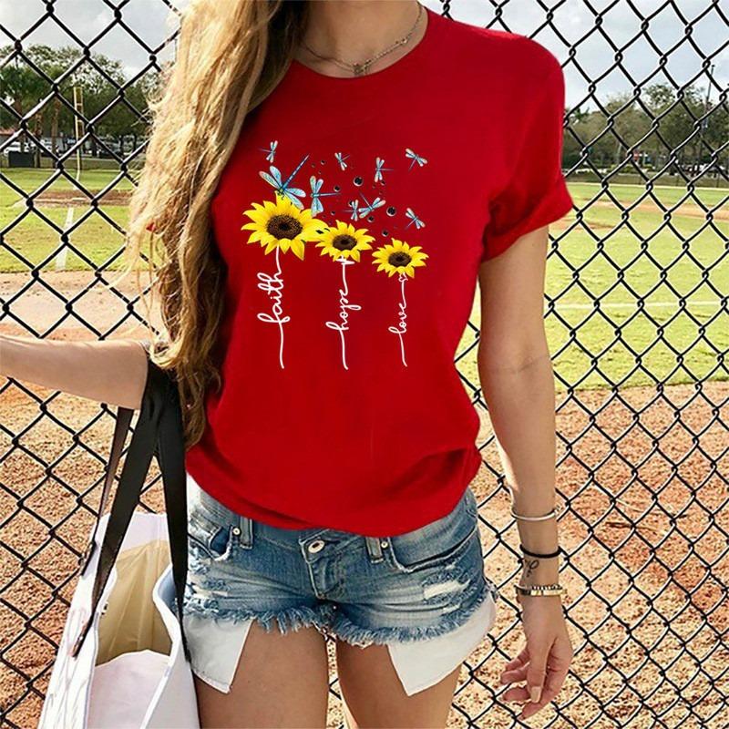 Hope Faith Love Sunflower 3D Printed Women's Short Sleeve Round Neck Summer T-shirt