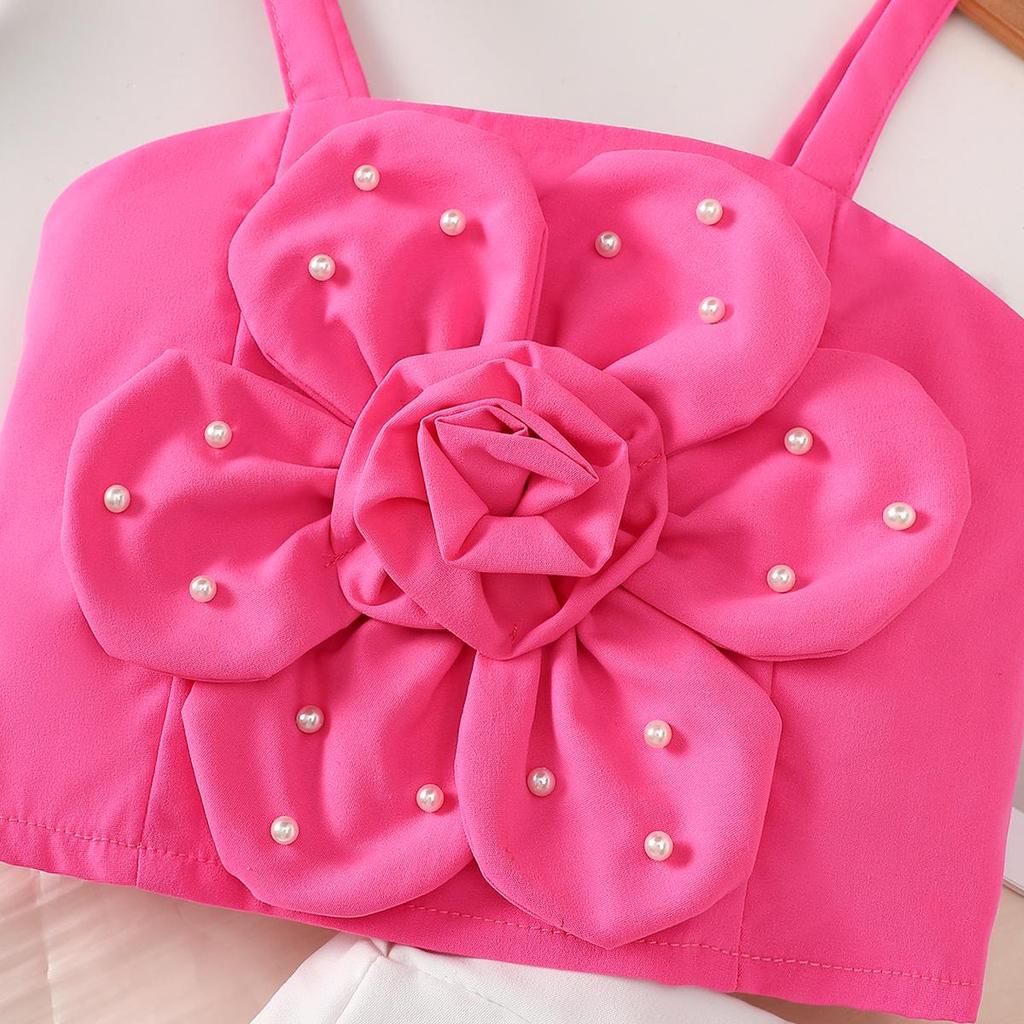 2PCS Girls 3D Flower Beaded Cami Top & Button Skirt Set, Casual Summer Two-Piece Outfit