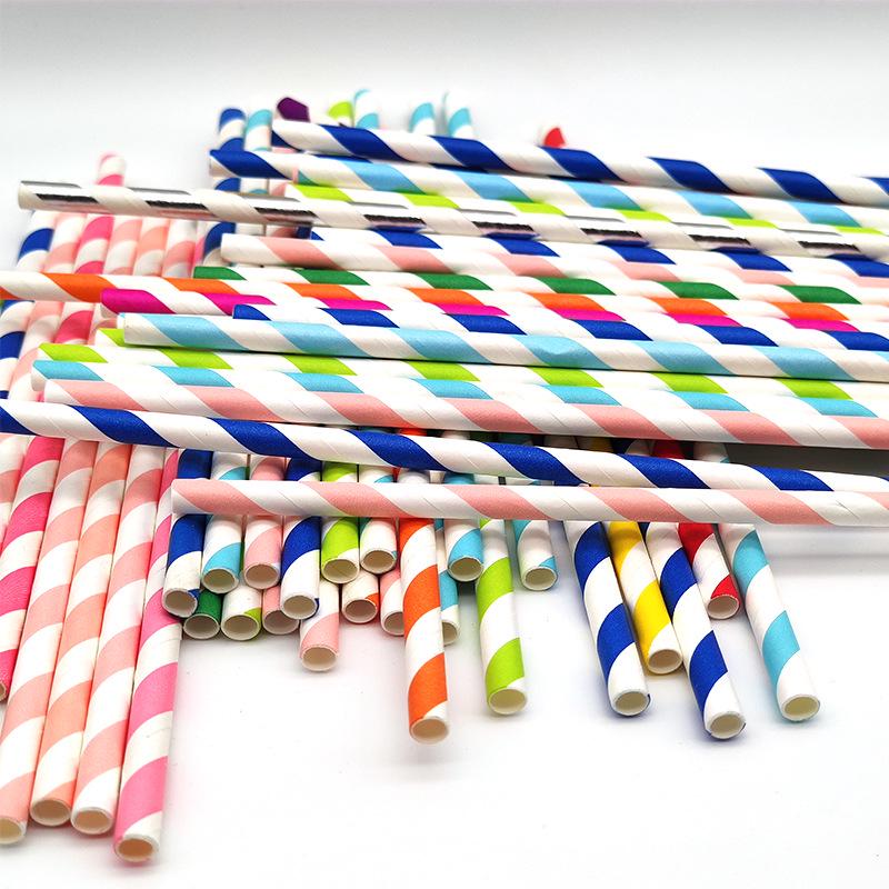Pack of 50 Biodegradable Colorful Striped Paper Straws for Juice, Tea, and Milk